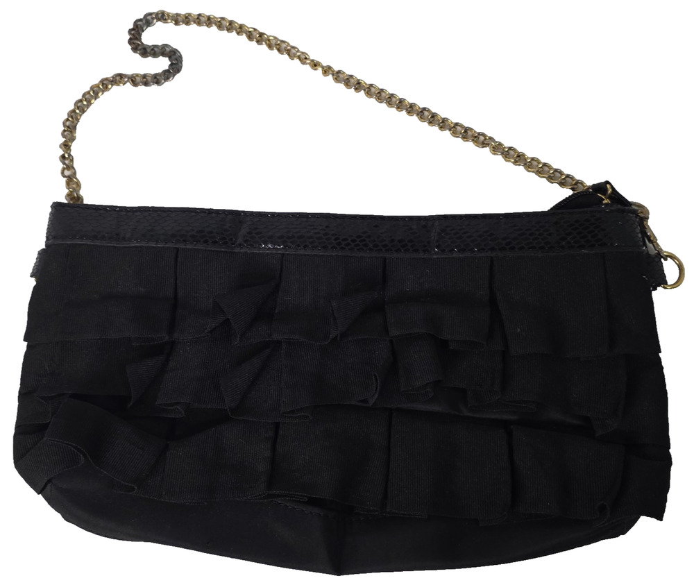 Femme Couture Black Ruffle Evening Bag Gold Chain Clutch Shoulder Purse